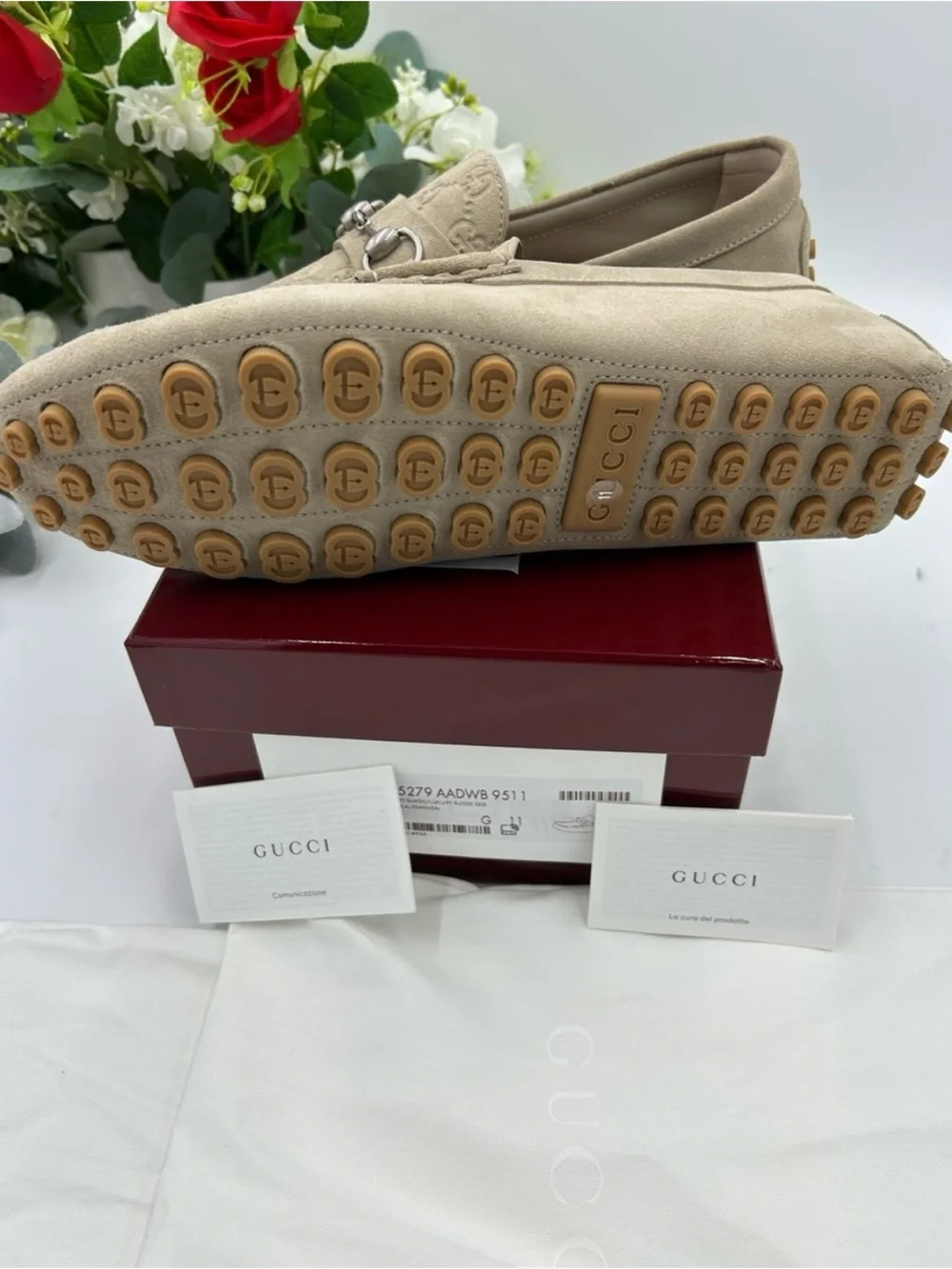 Men's Gucci, GG embossed suede driver loafers size 11 fits 12 US made in Italy